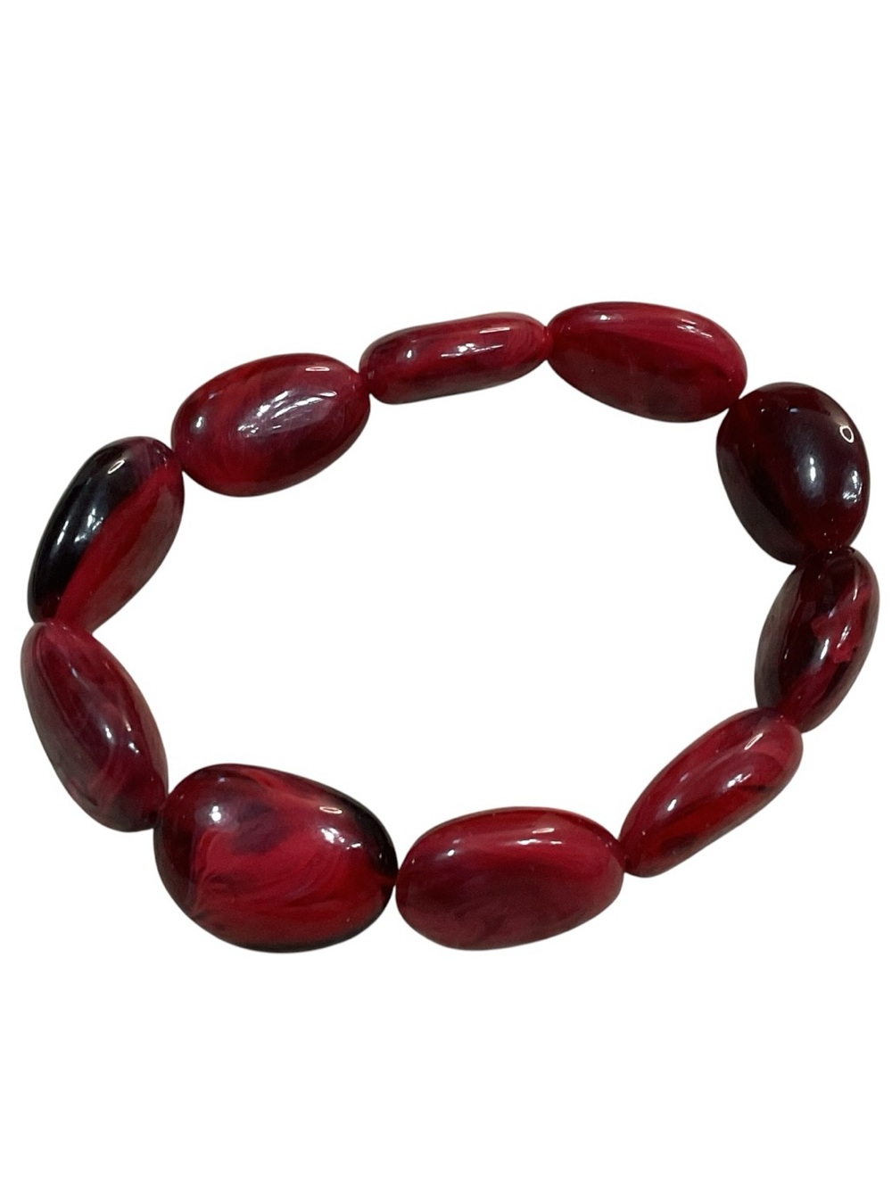 Marbled Ruby Red Oval Bead Stretch Bracelet Chunky Statement Jewelry